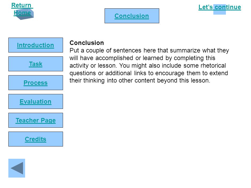 Let’s continue Return Home Introduction Task Process Conclusion Evaluation Teacher Page Credits Conclusion Put a couple of sentences here that summarize what they will have accomplished or learned by completing this activity or lesson.