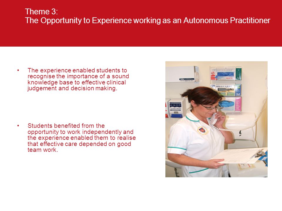 Theme 3: The Opportunity to Experience working as an Autonomous Practitioner The experience enabled students to recognise the importance of a sound knowledge base to effective clinical judgement and decision making.