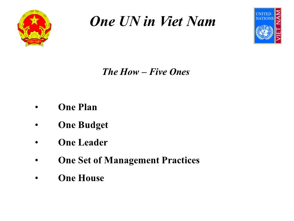 One UN in Viet Nam The How – Five Ones One Plan One Budget One Leader One Set of Management Practices One House