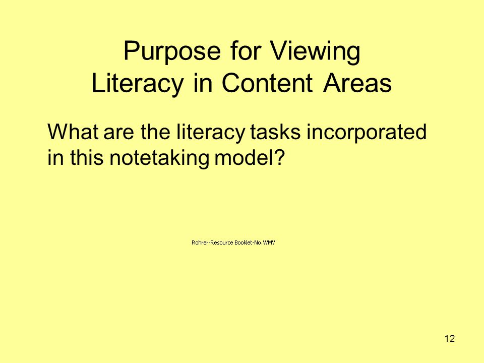 Purpose for Viewing Literacy in Content Areas What are the literacy tasks incorporated in this notetaking model.