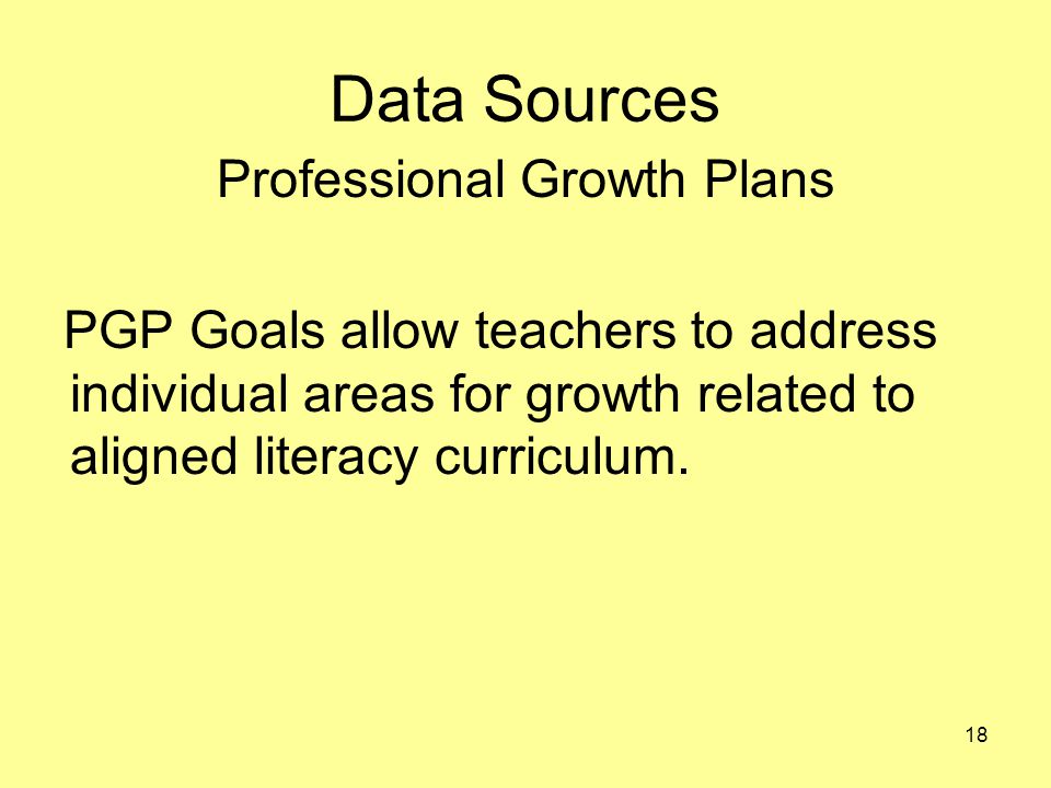Data Sources Professional Growth Plans PGP Goals allow teachers to address individual areas for growth related to aligned literacy curriculum.