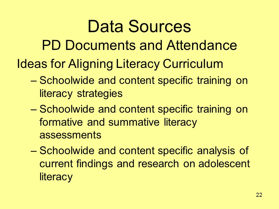Data Sources PD Documents and Attendance Ideas for Aligning Literacy Curriculum –Schoolwide and content specific training on literacy strategies –Schoolwide and content specific training on formative and summative literacy assessments –Schoolwide and content specific analysis of current findings and research on adolescent literacy 22