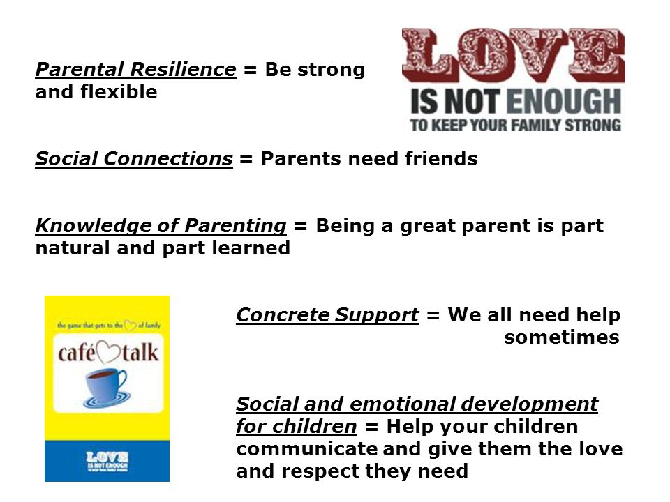 Parental Resilience = Be strong and and flexible Social Connections = Parents need friends Knowledge of Parenting = Being a great parent is part natural and part learned Concrete Support = We all need help sometimes Social and emotional development for children = Help your children communicate and give them the love and respect they need