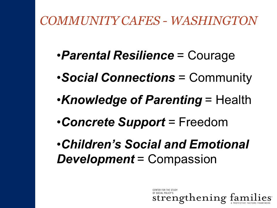 COMMUNITY CAFES - WASHINGTON Parental Resilience = Courage Social Connections = Community Knowledge of Parenting = Health Concrete Support = Freedom Children’s Social and Emotional Development = Compassion