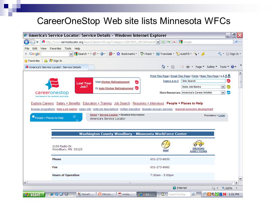 CareerOneStop Web site lists Minnesota WFCs