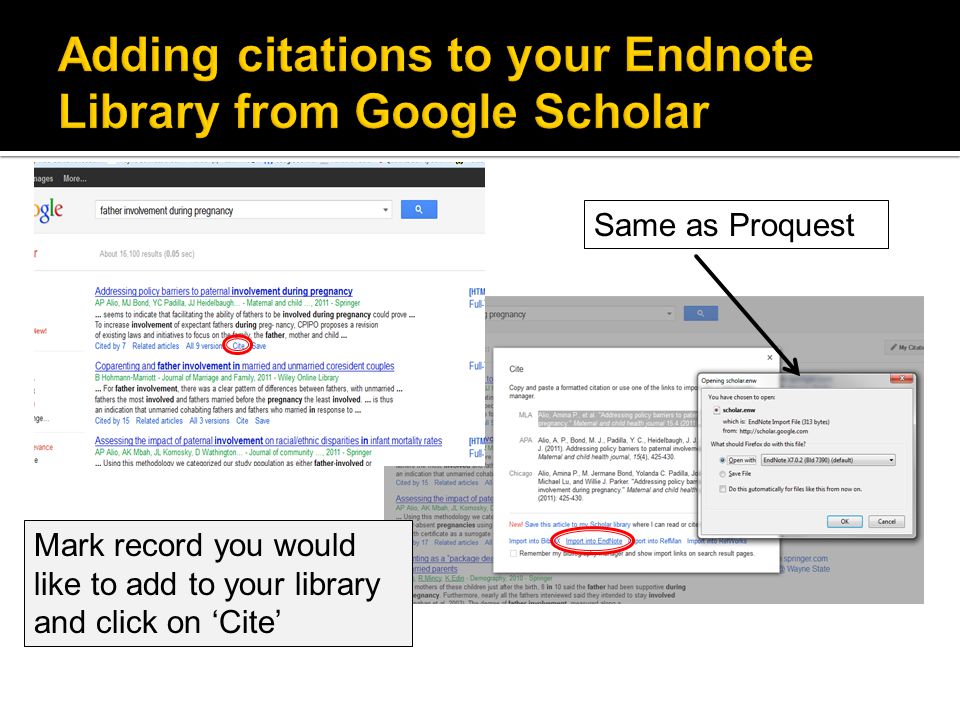 Mark record you would like to add to your library and click on ‘Cite’ Same as Proquest