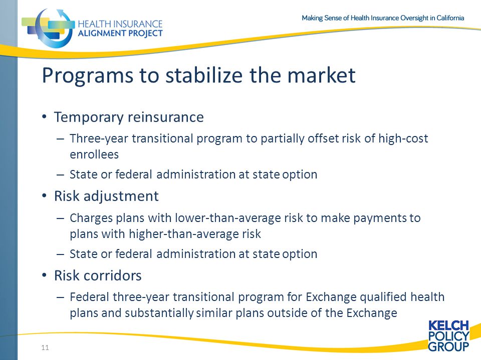 Programs to stabilize the market Temporary reinsurance – Three-year transitional program to partially offset risk of high-cost enrollees – State or federal administration at state option Risk adjustment – Charges plans with lower-than-average risk to make payments to plans with higher-than-average risk – State or federal administration at state option Risk corridors – Federal three-year transitional program for Exchange qualified health plans and substantially similar plans outside of the Exchange 11