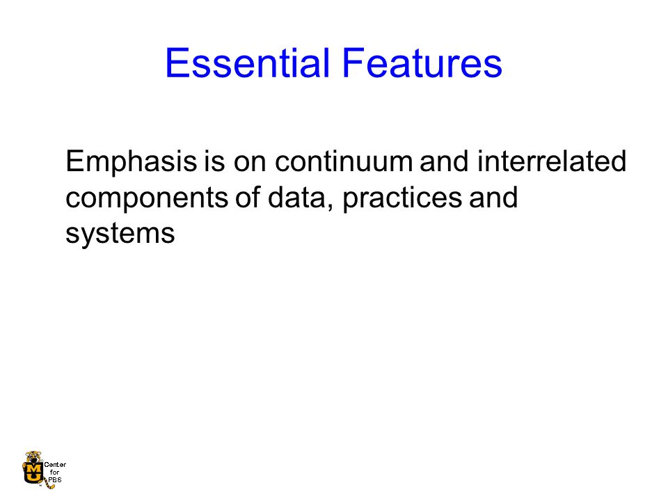 Essential Features Emphasis is on continuum and interrelated components of data, practices and systems