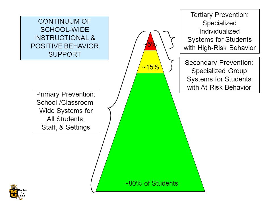 Primary Prevention: School-/Classroom- Wide Systems for All Students, Staff, & Settings Secondary Prevention: Specialized Group Systems for Students with At-Risk Behavior Tertiary Prevention: Specialized Individualized Systems for Students with High-Risk Behavior ~80% of Students ~15% ~5% CONTINUUM OF SCHOOL-WIDE INSTRUCTIONAL & POSITIVE BEHAVIOR SUPPORT