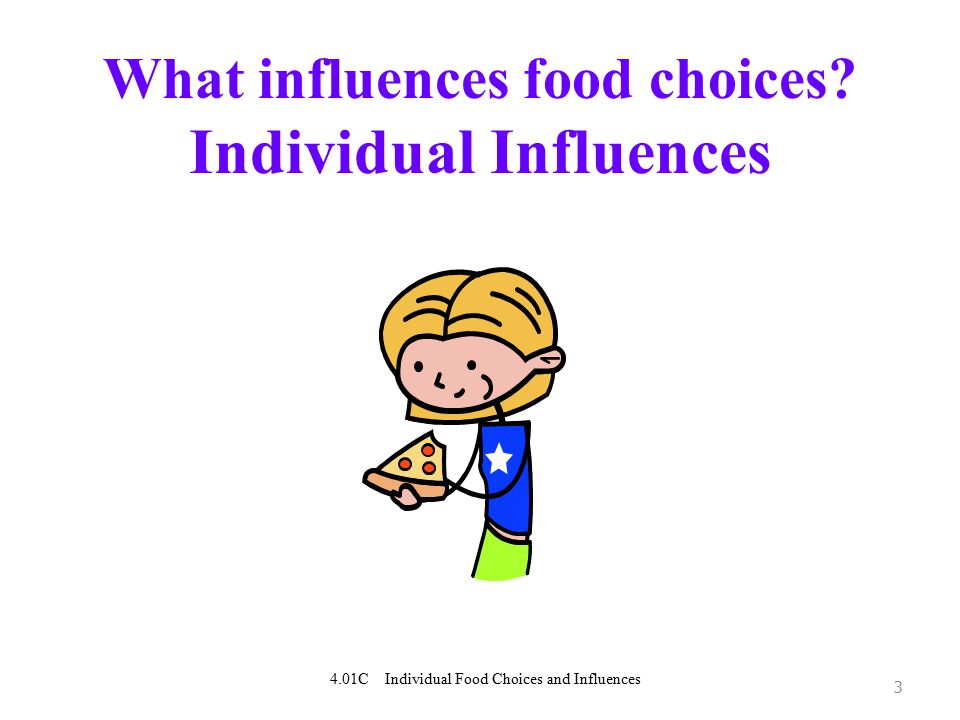 3 What influences food choices Individual Influences 4.01C Individual Food Choices and Influences