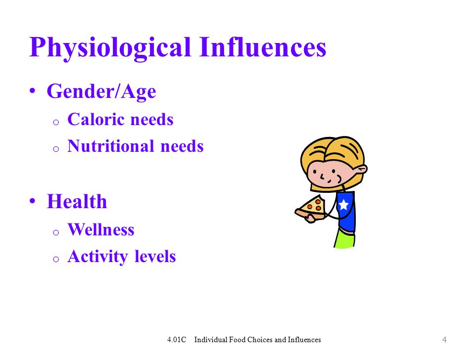 4 Physiological Influences Gender/Age o Caloric needs o Nutritional needs Health o Wellness o Activity levels 4.01C Individual Food Choices and Influences