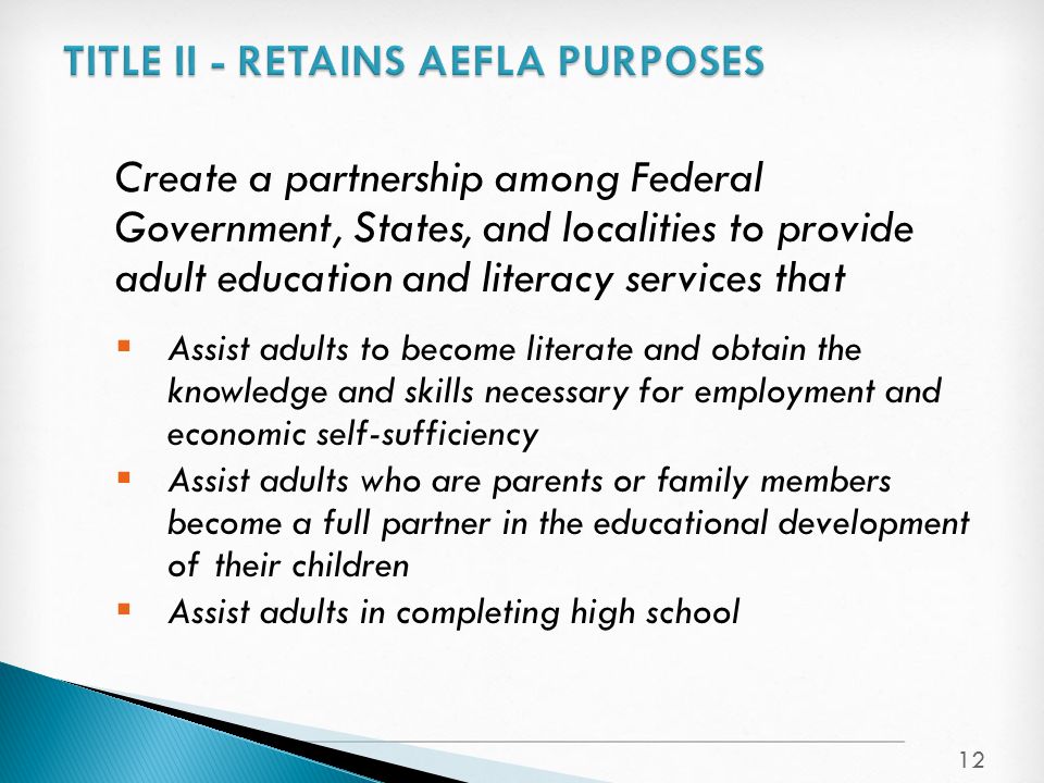 Create a partnership among Federal Government, States, and localities to provide adult education and literacy services that  Assist adults to become literate and obtain the knowledge and skills necessary for employment and economic self-sufficiency  Assist adults who are parents or family members become a full partner in the educational development of their children  Assist adults in completing high school 12