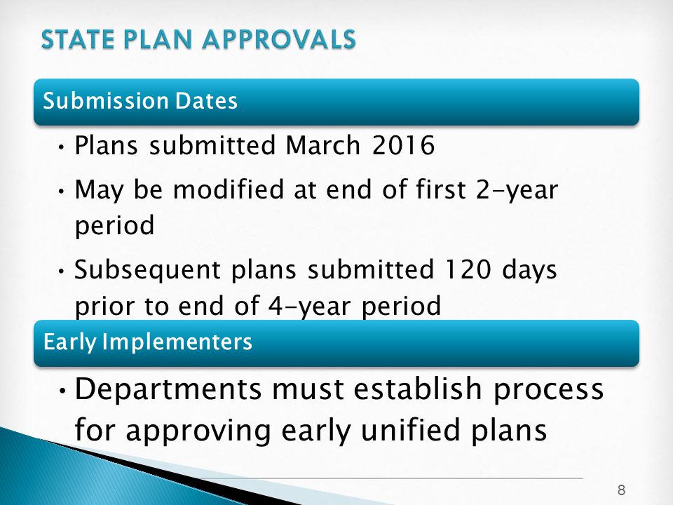 8 Submission Dates Plans submitted March 2016 May be modified at end of first 2-year period Subsequent plans submitted 120 days prior to end of 4-year period Early Implementers Departments must establish process for approving early unified plans