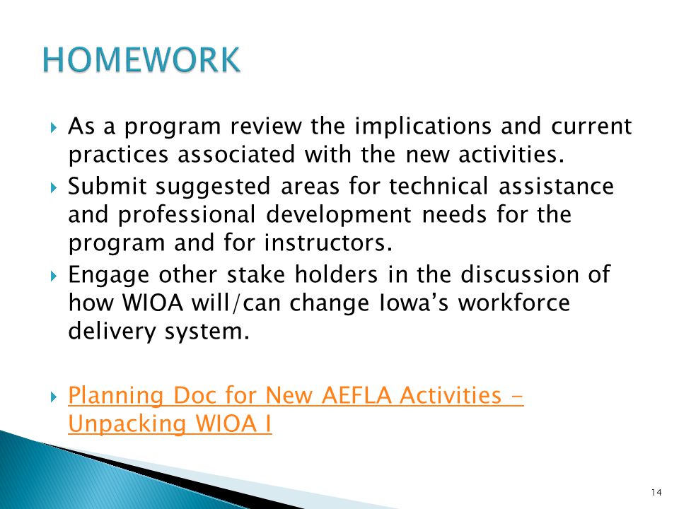  As a program review the implications and current practices associated with the new activities.