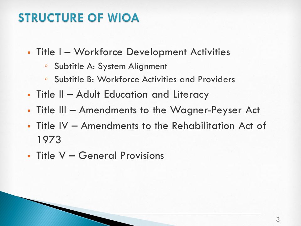  Title I – Workforce Development Activities ◦ Subtitle A: System Alignment ◦ Subtitle B: Workforce Activities and Providers  Title II – Adult Education and Literacy  Title III – Amendments to the Wagner-Peyser Act  Title IV – Amendments to the Rehabilitation Act of 1973  Title V – General Provisions 3