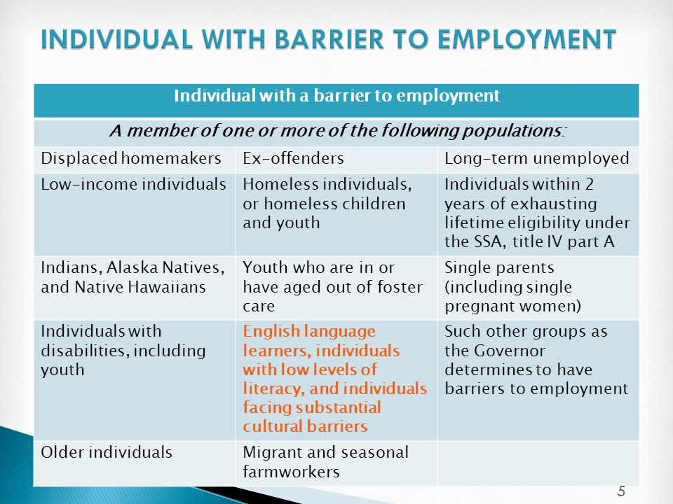 Individual with a barrier to employment A member of one or more of the following populations: Displaced homemakersEx-offendersLong-term unemployed Low-income individualsHomeless individuals, or homeless children and youth Individuals within 2 years of exhausting lifetime eligibility under the SSA, title IV part A Indians, Alaska Natives, and Native Hawaiians Youth who are in or have aged out of foster care Single parents (including single pregnant women) Individuals with disabilities, including youth English language learners, individuals with low levels of literacy, and individuals facing substantial cultural barriers Such other groups as the Governor determines to have barriers to employment Older individualsMigrant and seasonal farmworkers 5