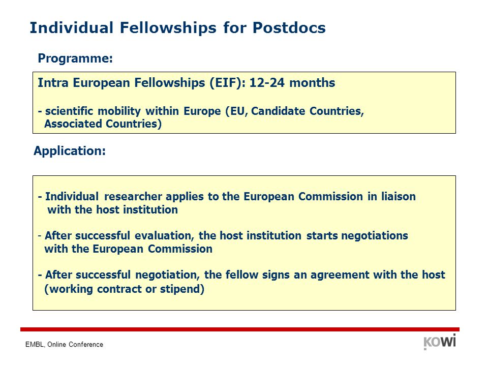 EMBL, Online Conference Individual Fellowships for Postdocs Intra European Fellowships (EIF): months - scientific mobility within Europe (EU, Candidate Countries, Associated Countries) - Individual researcher applies to the European Commission in liaison with the host institution - After successful evaluation, the host institution starts negotiations with the European Commission - After successful negotiation, the fellow signs an agreement with the host (working contract or stipend) Programme: Application: