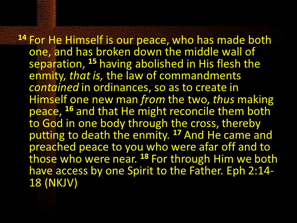 14 For He Himself is our peace, who has made both one, and has broken down the middle wall of separation, 15 having abolished in His flesh the enmity, that is, the law of commandments contained in ordinances, so as to create in Himself one new man from the two, thus making peace, 16 and that He might reconcile them both to God in one body through the cross, thereby putting to death the enmity.