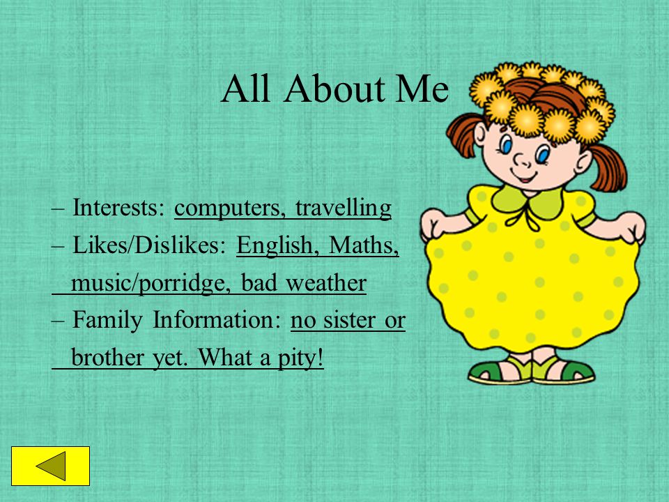 All about Me SpeakingMy Progress Test Results Language Arts Special Interests Club Work Click on a button below to take you to some examples of my best work.