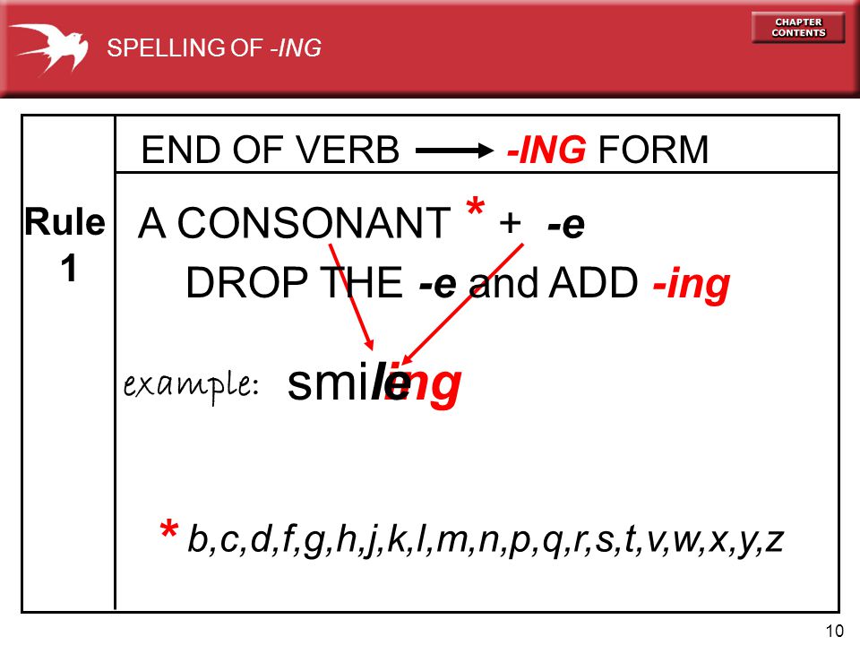 10 END OF VERB -ING FORM ing e Rule 1 A CONSONANT + -e smil * b,c,d,f,g,h,j,k,l,m,n,p,q,r,s,t,v,w,x,y,z * example: DROP THE -e and ADD -ing SPELLING OF -ING