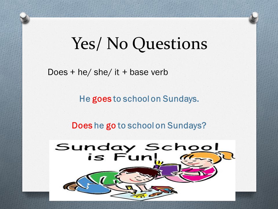 Yes/ No Questions Does + he/ she/ it + base verb He goes to school on Sundays.