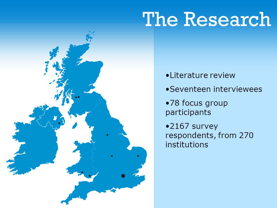 Literature review Seventeen interviewees 78 focus group participants 2167 survey respondents, from 270 institutions The Research