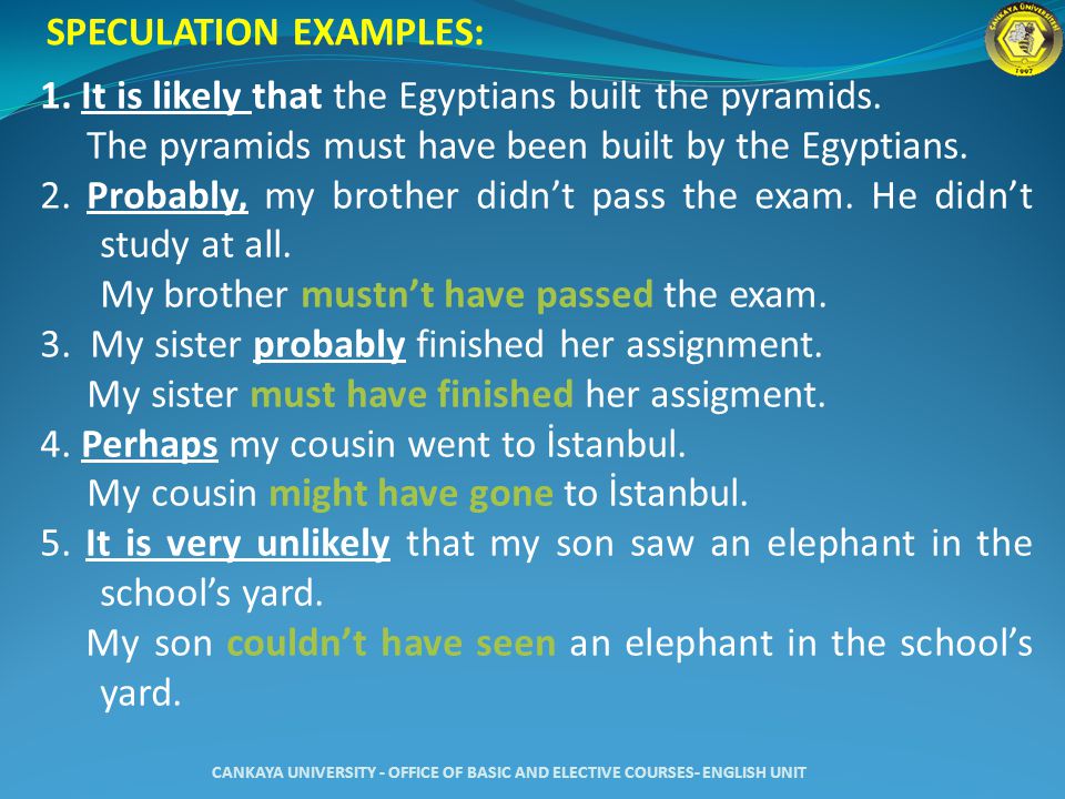 SPECULATION EXAMPLES: 1. It is likely that the Egyptians built the pyramids.