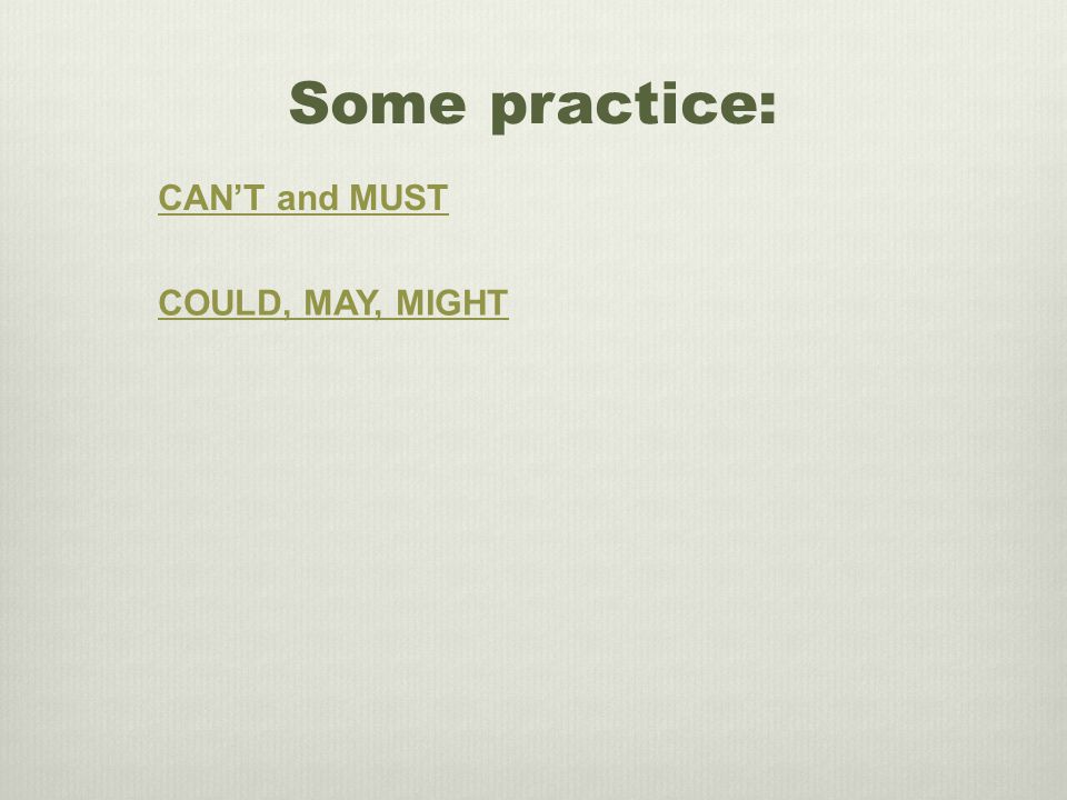 Some practice: CAN’T and MUST COULD, MAY, MIGHT