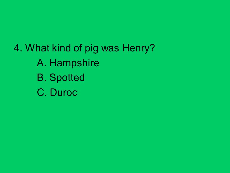 4. What kind of pig was Henry A. Hampshire B. Spotted C. Duroc