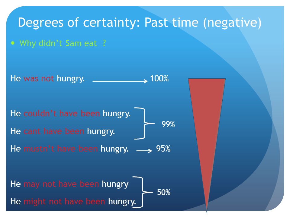 Degrees of certainty: Past time (negative) Why didn’t Sam eat .