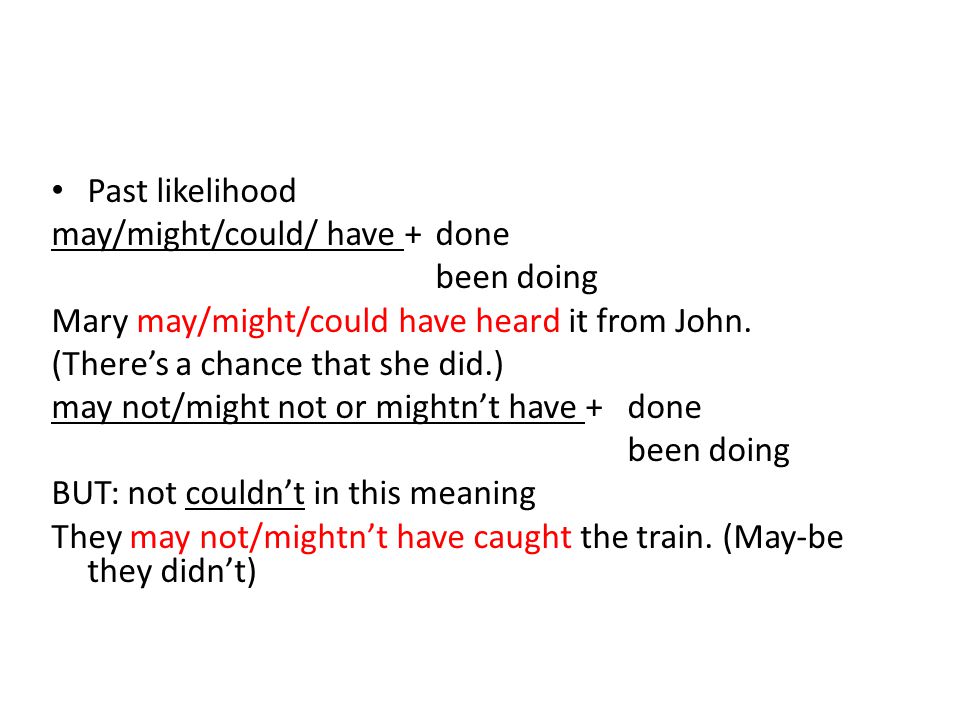 Past likelihood may/might/could/ have +done been doing Mary may/might/could have heard it from John.