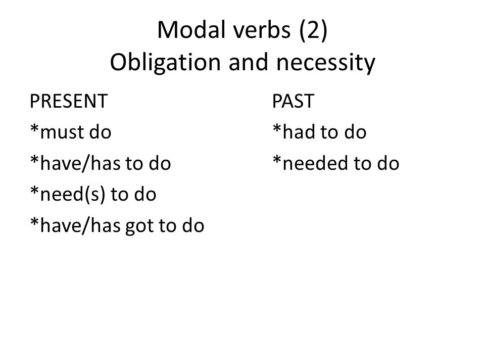 Modal verbs (2) Obligation and necessity PRESENTPAST *must do*had to do *have/has to do*needed to do *need(s) to do *have/has got to do