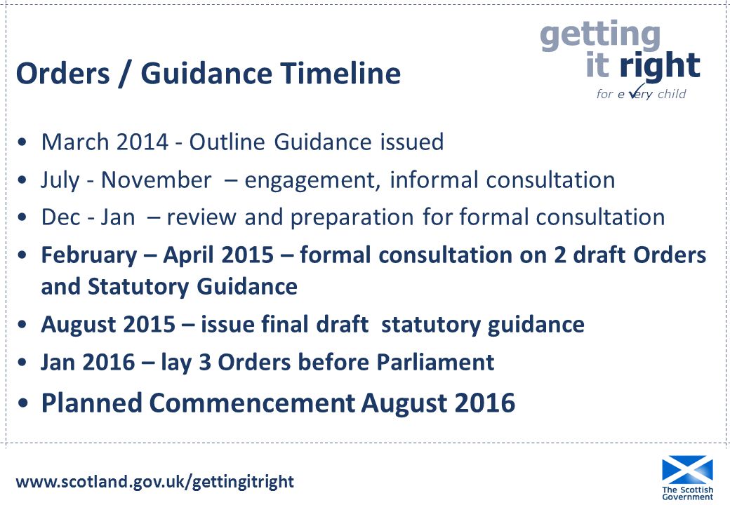 getting it right for e ery child  Orders / Guidance Timeline March Outline Guidance issued July - November – engagement, informal consultation Dec - Jan – review and preparation for formal consultation February – April 2015 – formal consultation on 2 draft Orders and Statutory Guidance August 2015 – issue final draft statutory guidance Jan 2016 – lay 3 Orders before Parliament Planned Commencement August