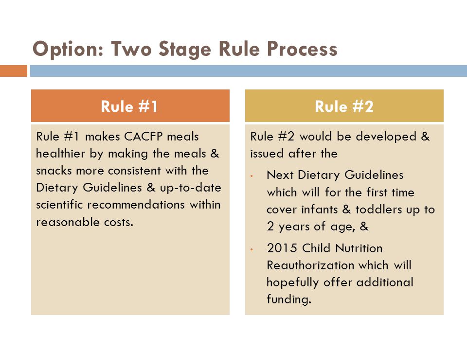 Option: Two Stage Rule Process Rule #1 makes CACFP meals healthier by making the meals & snacks more consistent with the Dietary Guidelines & up-to-date scientific recommendations within reasonable costs.