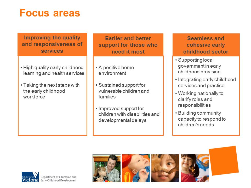 Focus areas High quality early childhood learning and health services Taking the next steps with the early childhood workforce A positive home environment Sustained support for vulnerable children and families Improved support for children with disabilities and developmental delays Supporting local government in early childhood provision Integrating early childhood services and practice Working nationally to clarify roles and responsibilities Building community capacity to respond to children’s needs Improving the quality and responsiveness of services Earlier and better support for those who need it most Seamless and cohesive early childhood sector