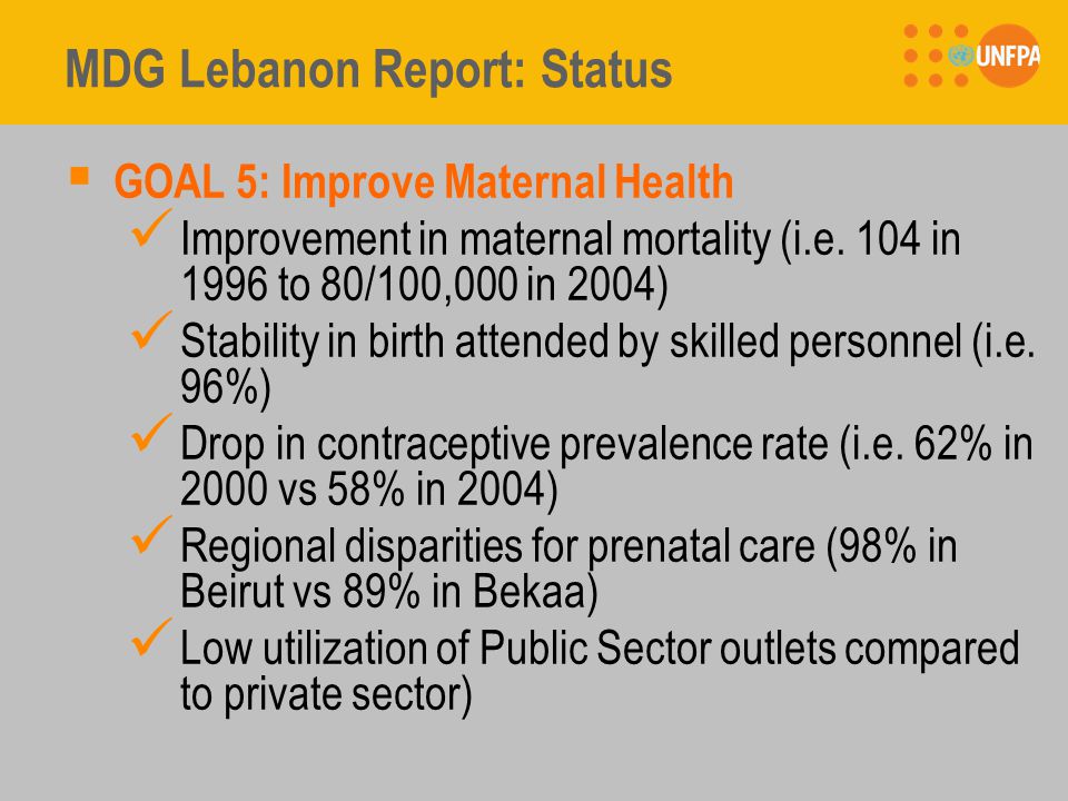 MDG Lebanon Report: Status  GOAL 5: Improve Maternal Health Improvement in maternal mortality (i.e.