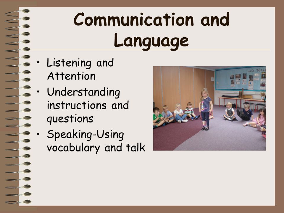 Communication and Language Listening and Attention Understanding instructions and questions Speaking-Using vocabulary and talk