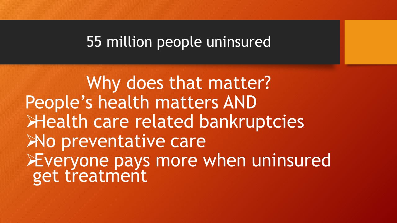 55 million people uninsured Why does that matter.