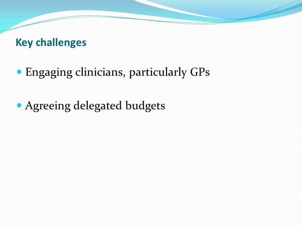 Engaging clinicians, particularly GPs Agreeing delegated budgets Key challenges