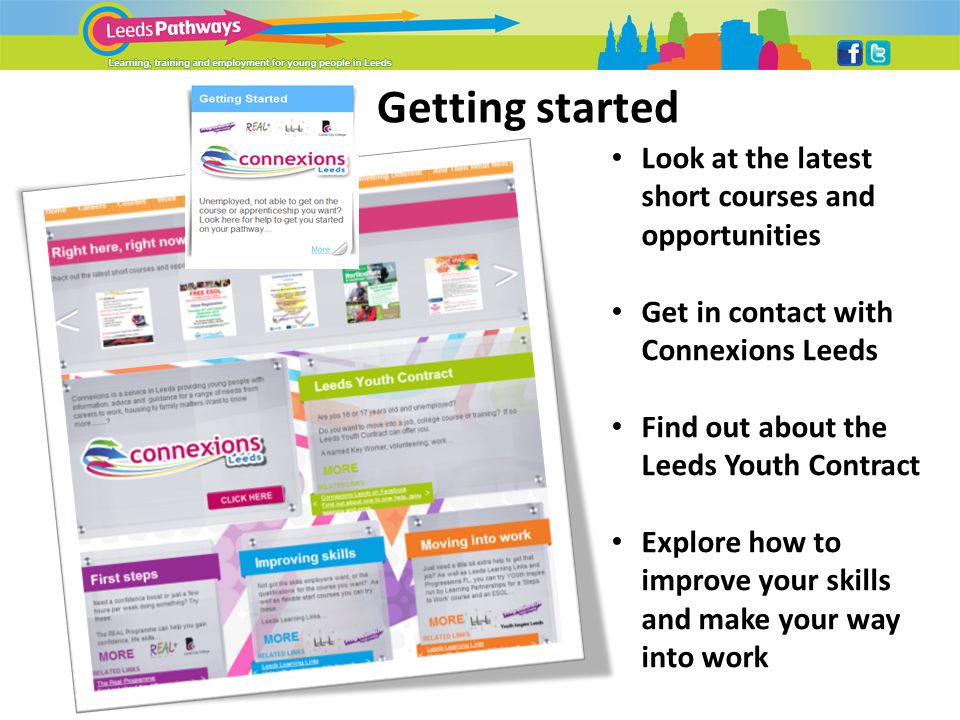 Getting started Look at the latest short courses and opportunities Get in contact with Connexions Leeds Find out about the Leeds Youth Contract Explore how to improve your skills and make your way into work
