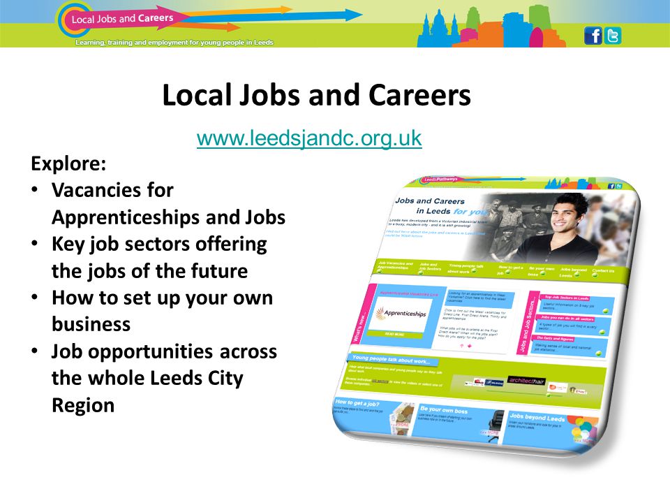 Explore: Vacancies for Apprenticeships and Jobs Key job sectors offering the jobs of the future How to set up your own business Job opportunities across the whole Leeds City Region   Local Jobs and Careers
