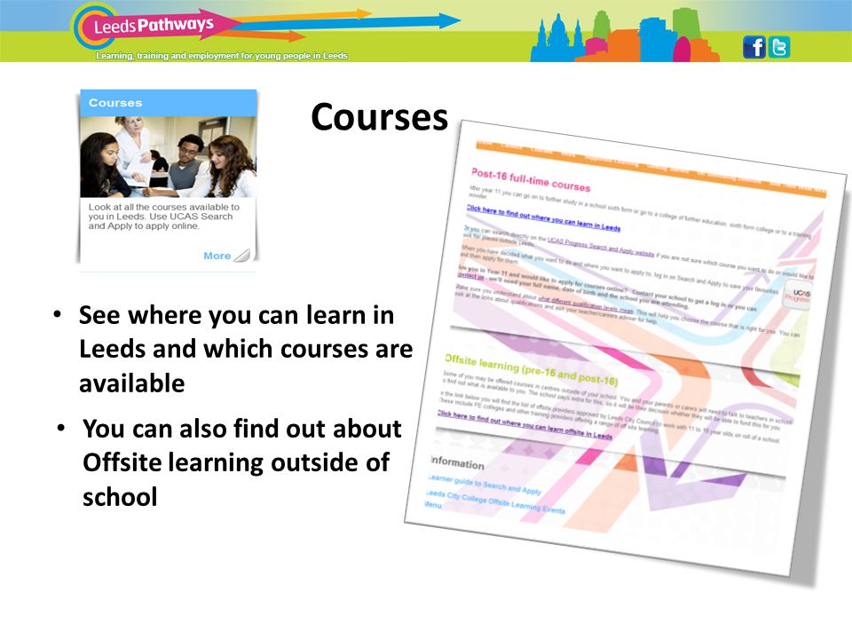 Courses See where you can learn in Leeds and which courses are available You can also find out about Offsite learning outside of school