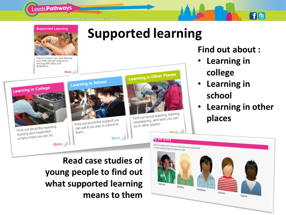 Supported learning Find out about : Learning in college Learning in school Learning in other places Read case studies of young people to find out what supported learning means to them