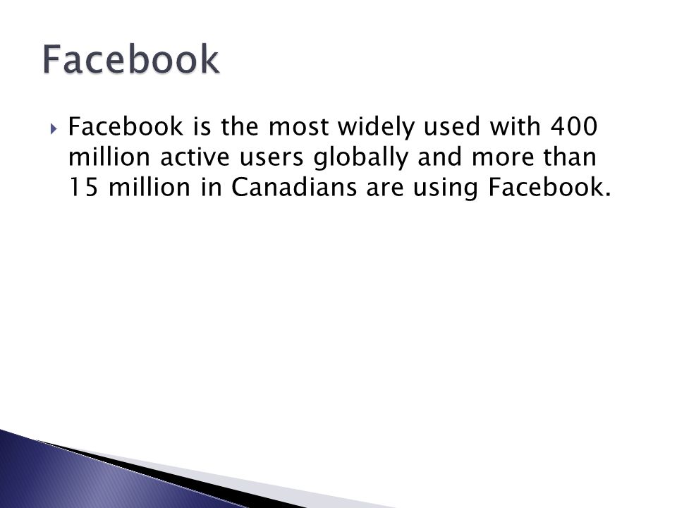  Facebook is the most widely used with 400 million active users globally and more than 15 million in Canadians are using Facebook.