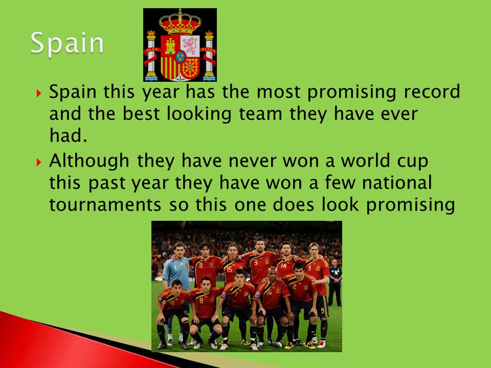  Spain this year has the most promising record and the best looking team they have ever had.