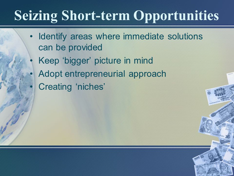 Seizing Short-term Opportunities Identify areas where immediate solutions can be provided Keep ‘bigger’ picture in mind Adopt entrepreneurial approach Creating ‘niches’