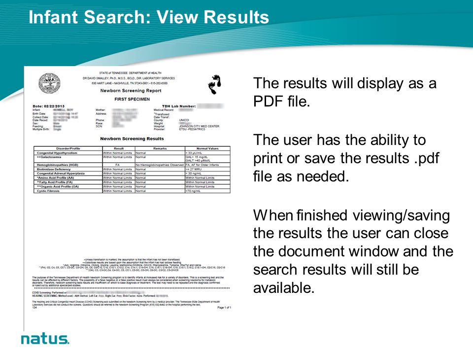 Infant Search: View Results The results will display as a PDF file.