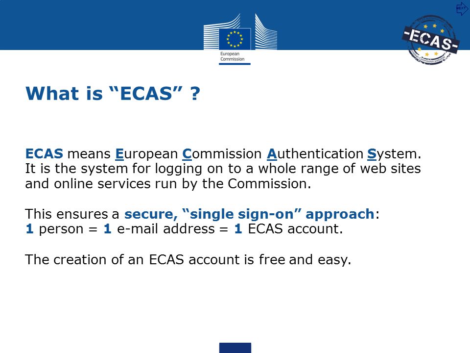 ECAS means European Commission Authentication System.