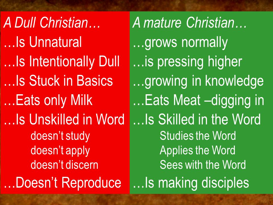A Dull Christian… …Is Unnatural …Is Intentionally Dull …Is Stuck in Basics …Eats only Milk …Is Unskilled in Word doesn’t study doesn’t apply doesn’t discern …Doesn’t Reproduce A mature Christian… …grows normally …is pressing higher …growing in knowledge …Eats Meat –digging in …Is Skilled in the Word Studies the Word Applies the Word Sees with the Word …Is making disciples