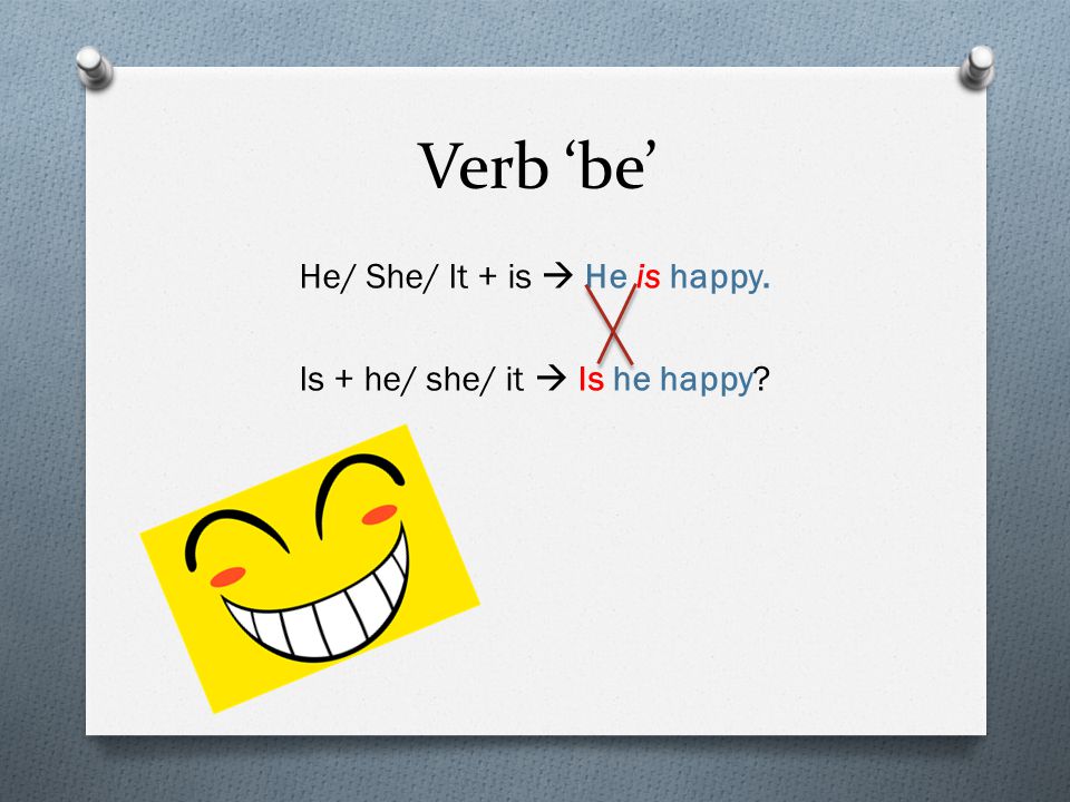 Verb ‘be’ He/ She/ It + is  He is happy. Is + he/ she/ it  Is he happy